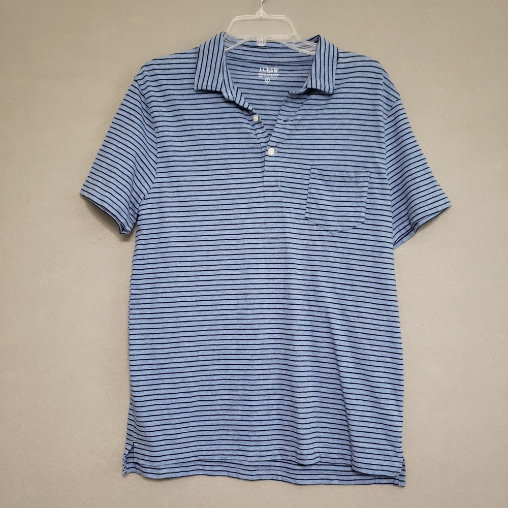 J.Crew Mens Large Polo Shirt Blue Striped Slub Cotton Short Sleeve Spring 2024
